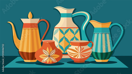 A grouping of vintage glass pitchers each one with unique patterns and shapes serving as a stunning centerpiece on a dining table.. Vector illustration