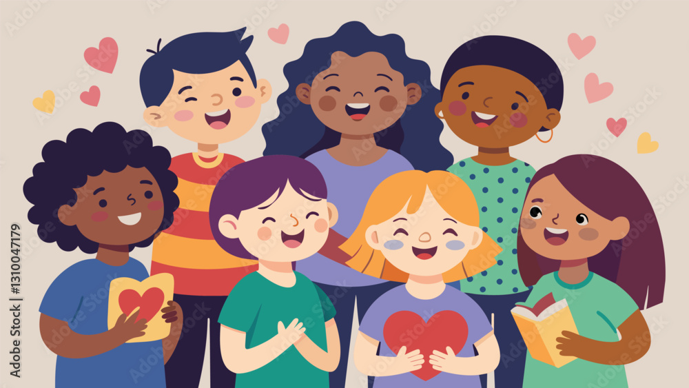 The heartwarming sight of children of all ages and backgrounds coming together to share their passion for singing and create soing truly special.. Vector illustration The heartwarming sight of children of all ages and backgrounds coming together to share their passion for singing and create soing truly special.. Vector illustration