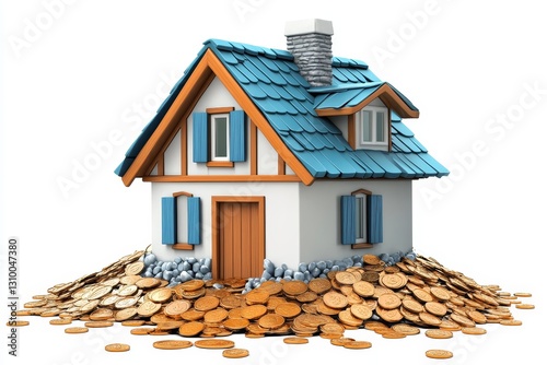 House Surrounded by Wealth in Coins - A charming house sits atop a mound of golden coins, symbolizing prosperity and financial success in a whimsical manner
