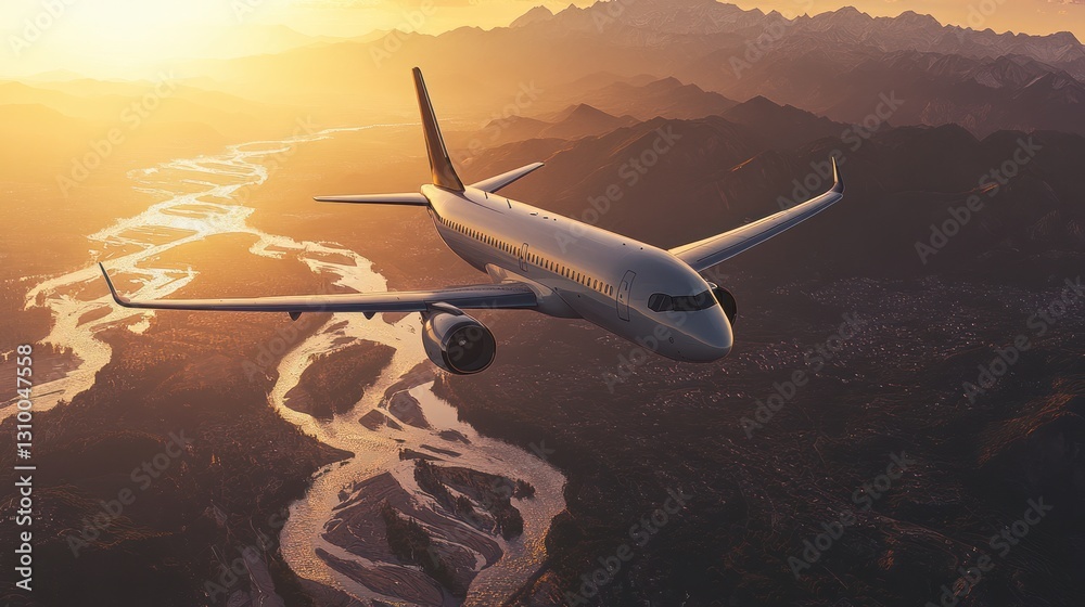 Fototapeta premium Airplane sunset flight river valley travel (2)