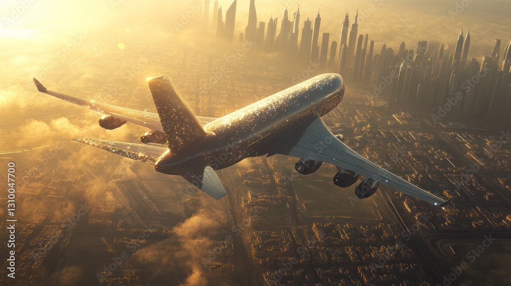 Fototapeta premium Airplane landing, city sunrise, travel, aerial view