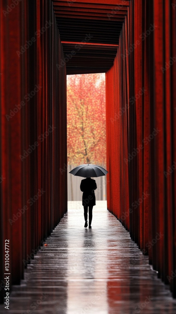Fototapeta premium Someone navigating a long passageway, shielded by an umbrella.