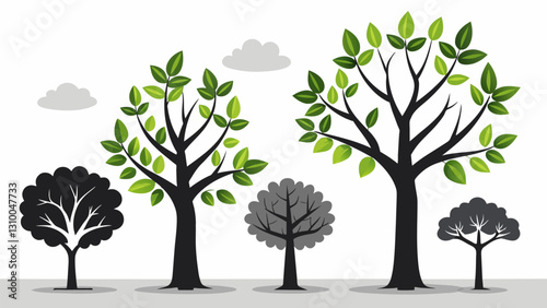Charcoal sketches of trees in different stages of growth represent the highs and lows of personal development with shadows and highlights emphasizing. Vector illustration