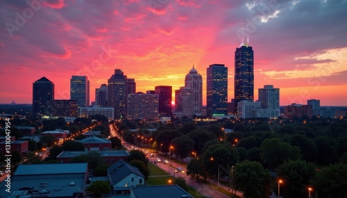 Modern Jackson MS skyline, buildings at sunset, lights, metropolis