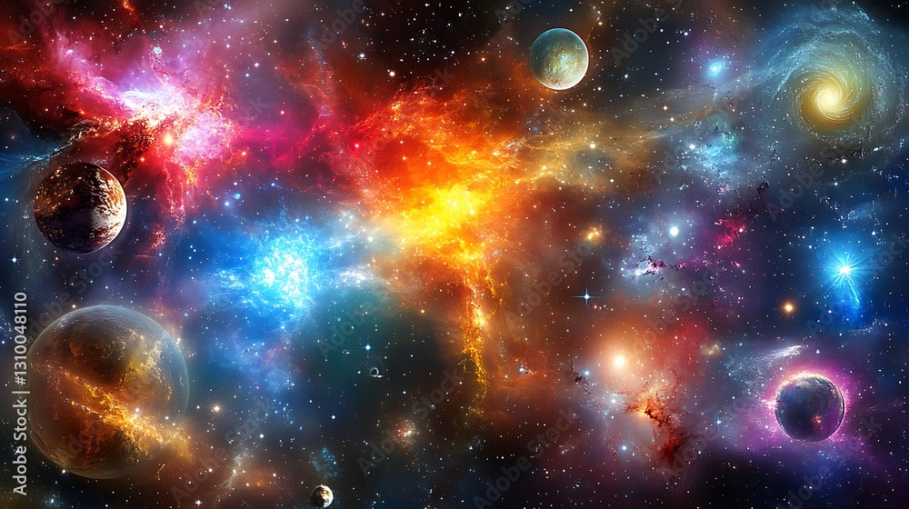 A Colorful Nebula Displays Numerous Planets And Brilliant Celestial Bodies A Colorful Nebula Displays Numerous Planets And Brilliant Celestial Bodies