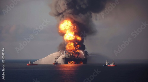 An oil rig engulfed in flames in the middle of the ocean and  jets of water from emergency response efforts attempt to extinguish the fire