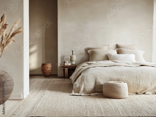 A serene bedroom interior showing a bed and surrounding decor