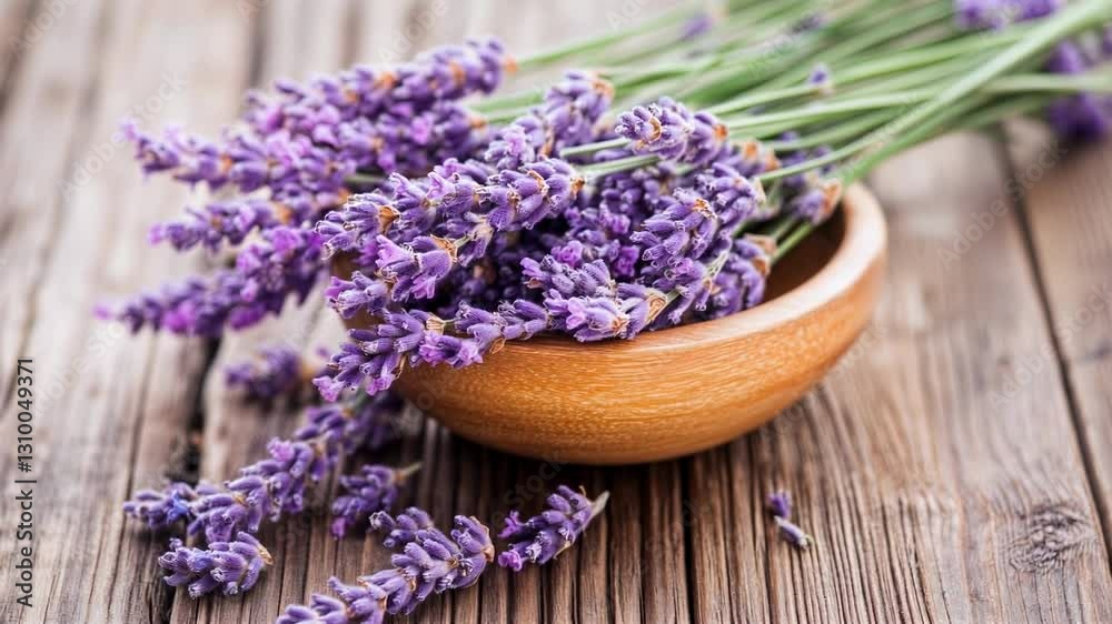 Fresh lavender flowers in wooden bowl on rustic table with more stems beside it. purple herb with wood background. Aromatherapy, natural wellness. Spa, oils, herbal medicine. Horizontal video Fresh lavender flowers in wooden bowl on rustic table with more stems beside it. purple herb with wood background. Aromatherapy, natural wellness. Spa, oils, herbal medicine. Horizontal video