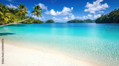 Tropical island beach paradise with turquoise water and palm trees