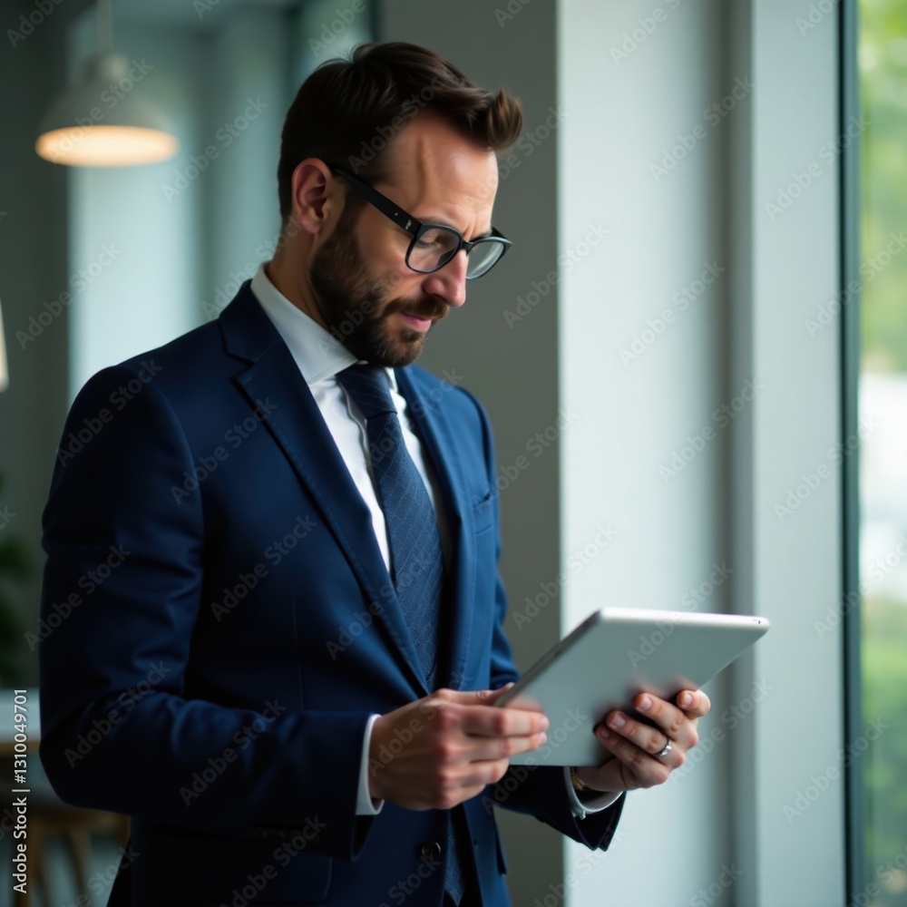 Serious businessman absorbed in e-magazine on his tablet, strategy, planning Serious businessman absorbed in e-magazine on his tablet, strategy, planning