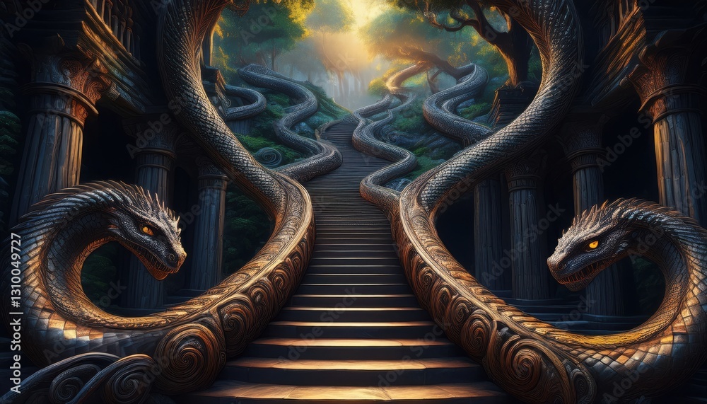 Obraz premium Two majestic serpents coil around an ancient staircase under glowing trees in a magical forest.