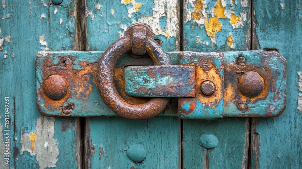 Weathered Beauty: Rusty Latch on Aged Turquoise Wooden Door, Rustic Charm & Vintage Appeal. Weathered Beauty: Rusty Latch on Aged Turquoise Wooden Door, Rustic Charm & Vintage Appeal.