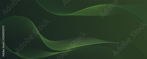 Abstract dark green gradient background wavy lines. Nature style concept. Horizontal scene. Green leaves in the garden. Glowing wave effect. Modern graphic design for banner, flyer, card.