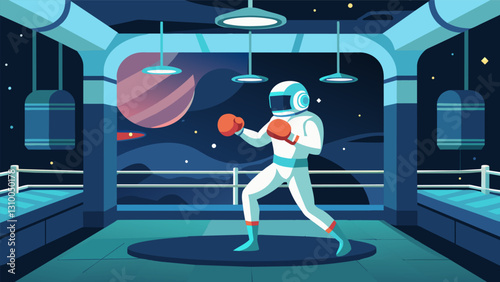 The space stations quiet expansive gym transforms into a virtual arena as the astronaut engages in a simulated boxing match throwing punches with. Vector illustration