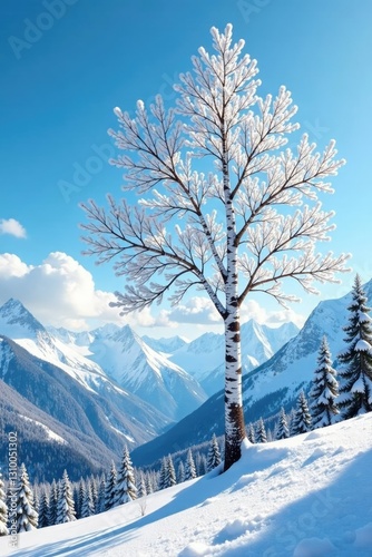 Snow-covered silver birch tree against blue sky, mountain, wood grain