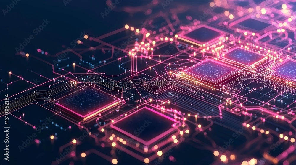 Fototapeta premium Digital circuitry with glowing lines and geometric shapes, representing blockchain network connected technology and innovation.