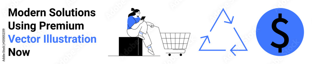 Woman with smartphone by shopping cart, recycling symbol, and dollar sign promoting eco-friendly shopping, savings, and digital marketplaces. Ideal for e-commerce, recycling, sustainability, cost Woman with smartphone by shopping cart, recycling symbol, and dollar sign promoting eco-friendly shopping, savings, and digital marketplaces. Ideal for e-commerce, recycling, sustainability, cost