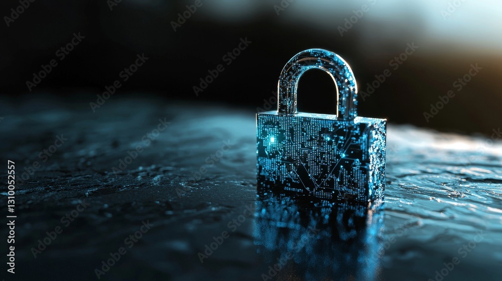 Fototapeta premium A dark blue background with an outer blur serves as the setting for a large central padlock, which is connected to small padlock binary polygons, symbolizing the concept of cybersecurity information