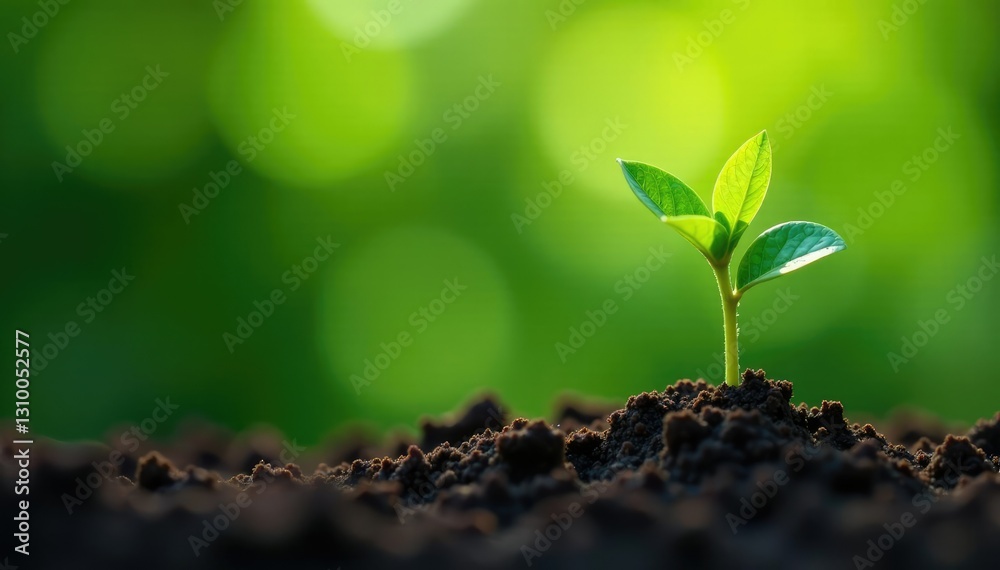 Fototapeta premium Freshly planted flower sprout with green leaves, plant, leaf, growth