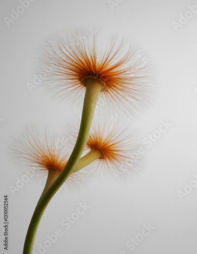 A single, white dandelion flower with fuzzy, orange-tipped petals stands against a white gradient background