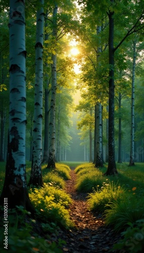 Green forest at dusk with birch trees swaying in the wind, autumn, trees, woods