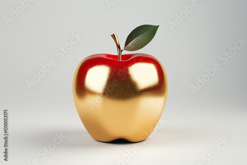 Shiny Golden Apple with Leaf Design - A beautifully crafted shiny golden apple with a vibrant red top and a green leaf, showcasing an artistic blend of colors and textures