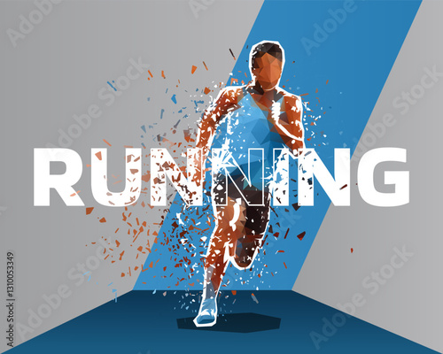 Running man graphic design, low polygonal african american runner. Sports web banner, healthy lifestyle