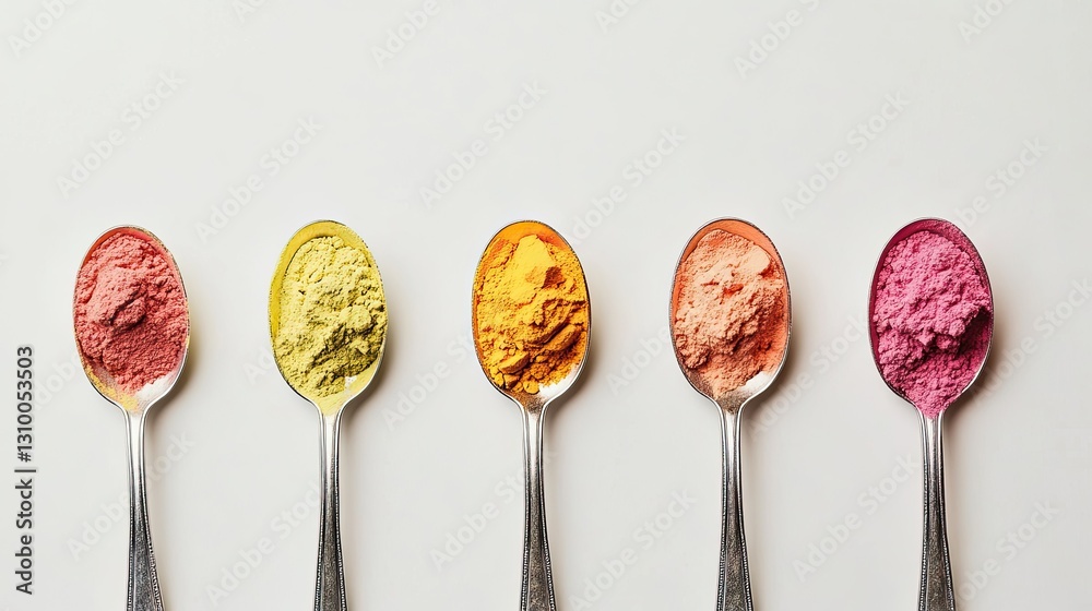 Measuring spoon filled with vitamin powder, neatly arranged on a white background, symbolizing health and fitness. Measuring spoon filled with vitamin powder, neatly arranged on a white background, symbolizing health and fitness.