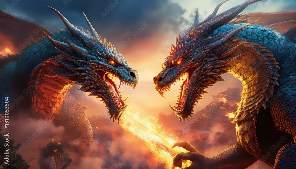 Two fierce dragons roar and unleash flames in a mystical landscape under a fiery sky. Two fierce dragons roar and unleash flames in a mystical landscape under a fiery sky.