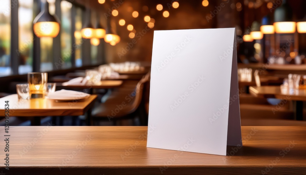Cozy restaurant ambiance Minimalist blank menu design resting upon rustic wooden table, illuminated by soft warm light, accentuated by the elegance of a booklet stand and crisp white sheet Cozy restaurant ambiance Minimalist blank menu design resting upon rustic wooden table, illuminated by soft warm light, accentuated by the elegance of a booklet stand and crisp white sheet