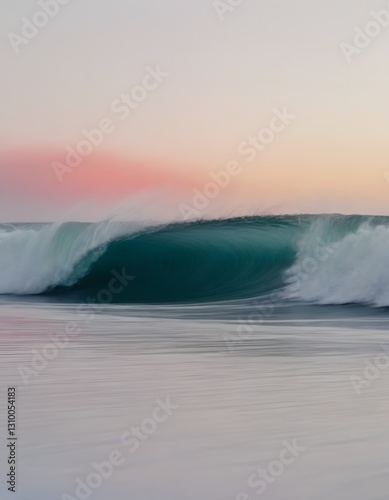 A single ocean wave crashing against a white, isolated sand beach under a serene sunset sky.