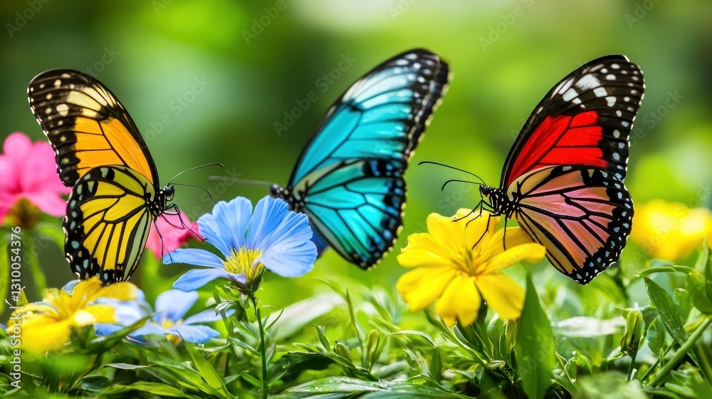 Fototapeta premium Colorful butterflies on flowers in a garden setting