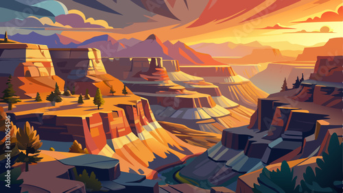 grand canyon scene at sunrise with deep shadows and warm colors