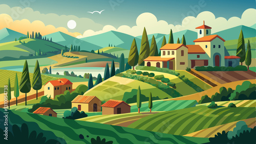 picturesque Tuscany countryside with rolling green hills and stone cottages