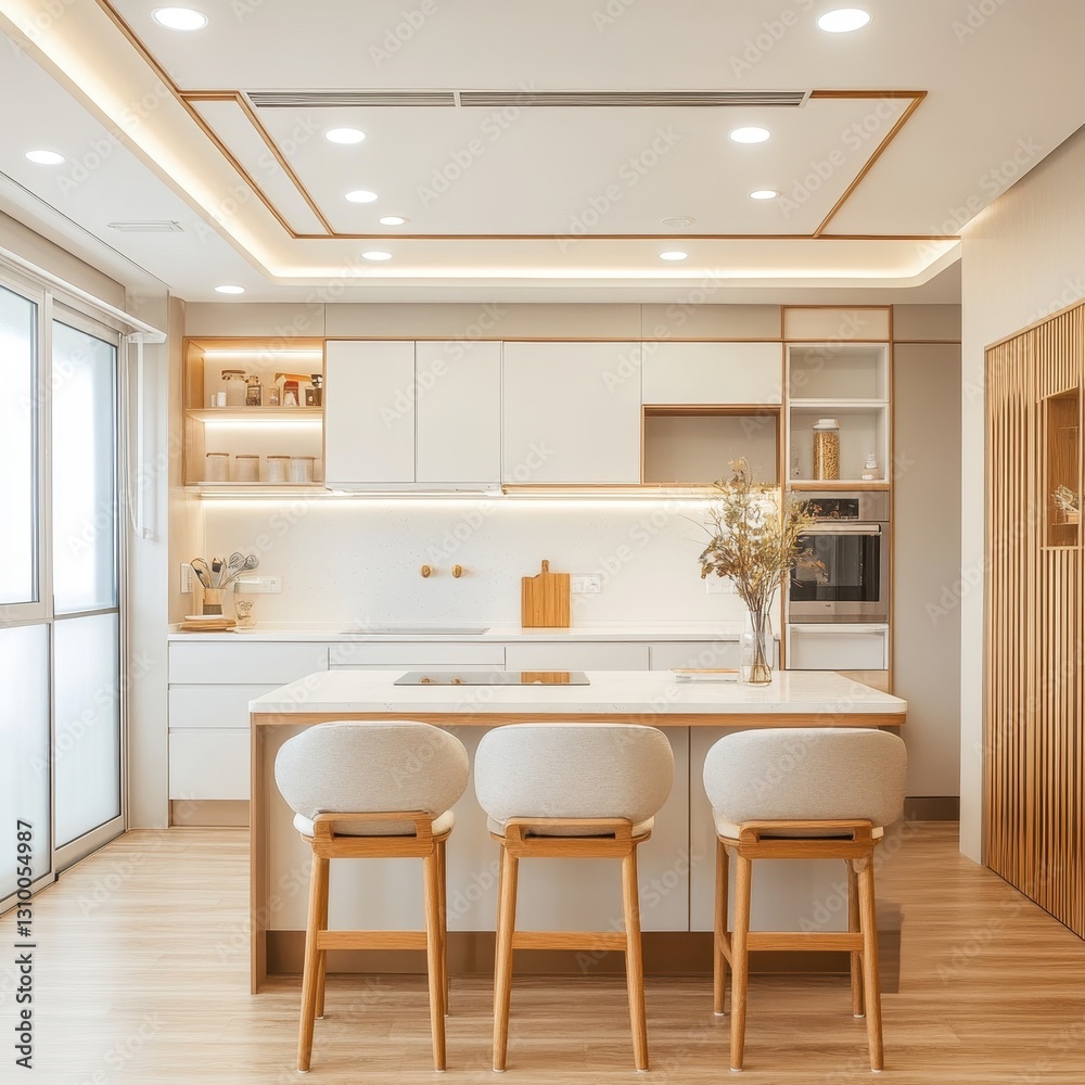 Modern kitchen interior showing a minimalistic design with seating and cabinetry Modern kitchen interior showing a minimalistic design with seating and cabinetry
