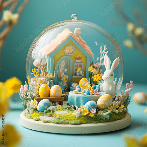 Snow globe Easter composition with bunny, cherry blossom, and pastel colored eggs photo