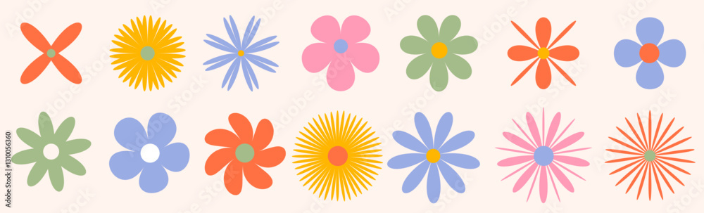 Vibrant groovy retro daisy flower set. Hippie-style stickers with a modern abstract touch. Vintage decorative design elements. Element of Vector graphic Vibrant groovy retro daisy flower set. Hippie-style stickers with a modern abstract touch. Vintage decorative design elements. Element of Vector graphic