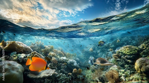 Fototapeta Naklejka Na Ścianę i Meble -  coral blue water background, underwater life, underwater scenery, blue water background