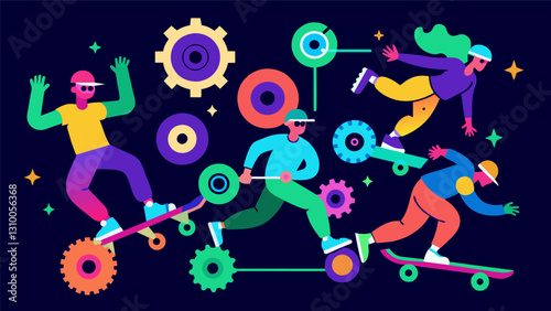 A flurry of neon wheels and brightly colored gear as skaters show off their unique styles and moves during the summer skateboarding open.. Vector illustration