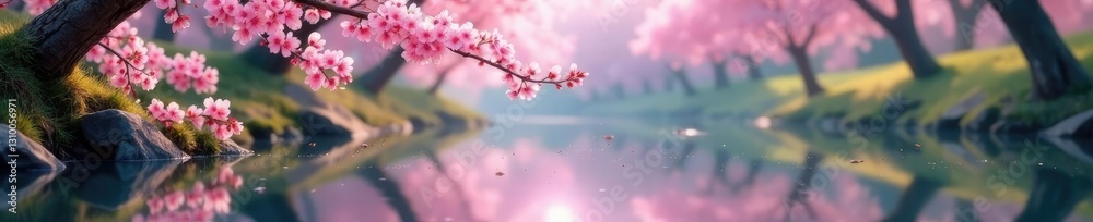 Fototapeta premium Pink cherry blossoms reflected in calm river water, reflection, blossom