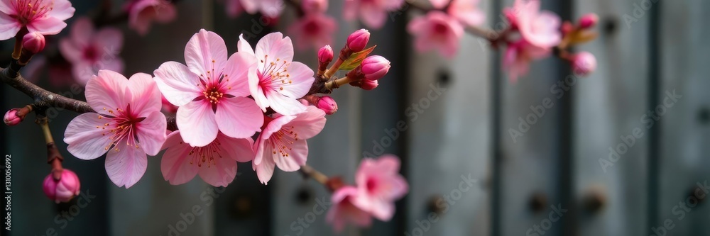 Pink cherry blossoms and their stems against a rustic wooden fence, nature, branches, pink cherry blossom Pink cherry blossoms and their stems against a rustic wooden fence, nature, branches, pink cherry blossom