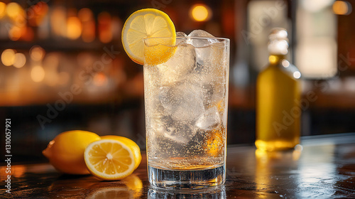 John Collins cocktail with lemon juice and soda served at a bar during evening hours