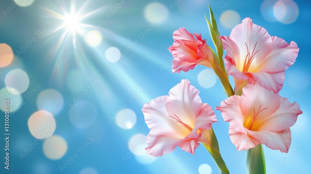 Blooming Gladiolus Against Sky: A Floral Symphony of Light and Delicate Color in the Open Air Blooming Gladiolus Against Sky: A Floral Symphony of Light and Delicate Color in the Open Air