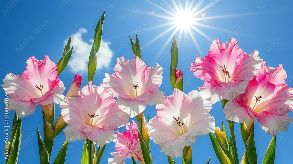 Gladiolus Flowers in the Sun: Vibrant Pink Blooms Against a Bright Blue Sky