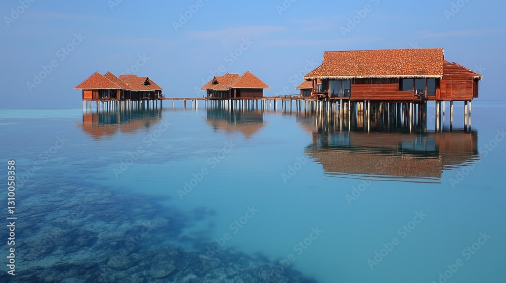 Fototapeta premium Overwater Bungalows on Calm Ocean, Coral Reefs Below