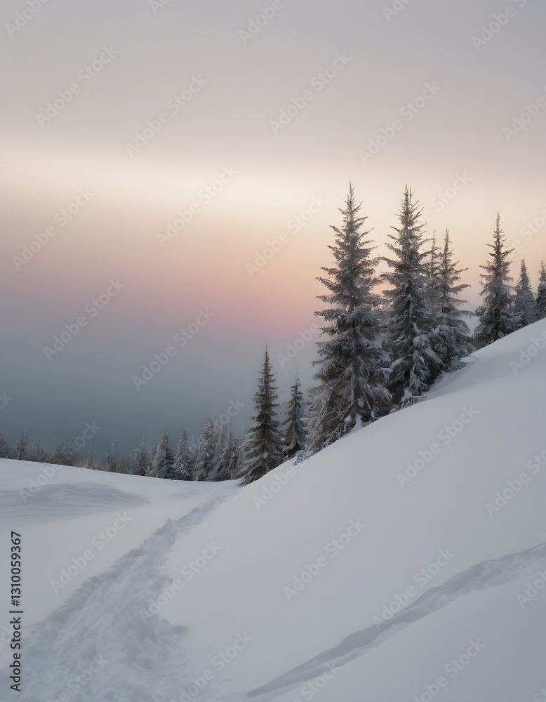 Snowy mountain landscape with tree silhouette and snow-covered path in the foreground. Snowy mountain landscape with tree silhouette and snow-covered path in the foreground.