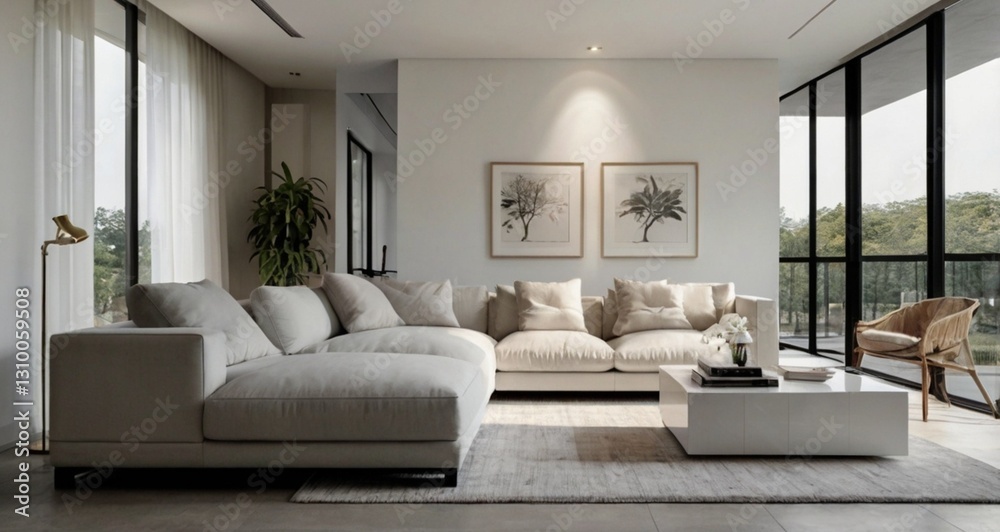 Fototapeta premium Modern White Living Room with Sleek Gray Cabinet