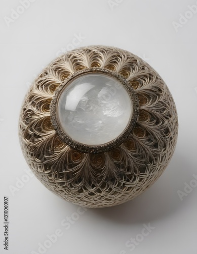 A decorative sphere with intricate carvings and a glass inset.