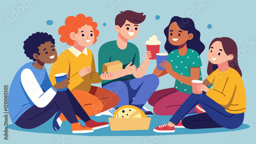 In the corner a group of teenagers hunch over their plates eagerly swapping food and stories in between bites glad to have a place to gather and. Vector illustration