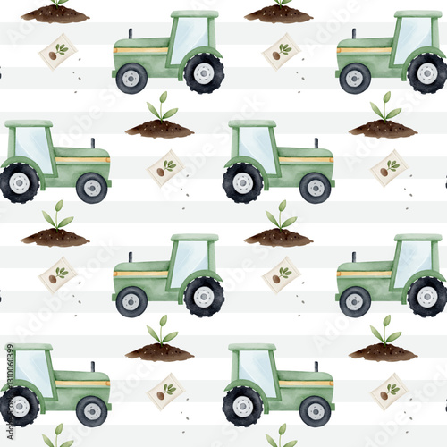 Seamless pattern with watercolor tractor and green plants. Farm pattern. Agricultural watercolor background
